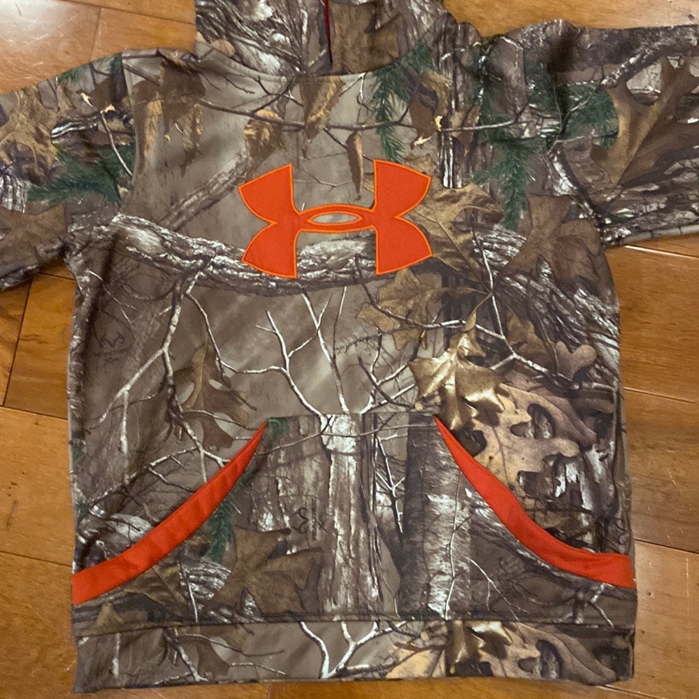 Youth size large under Armour loose hoodie burnt orange and camouflage